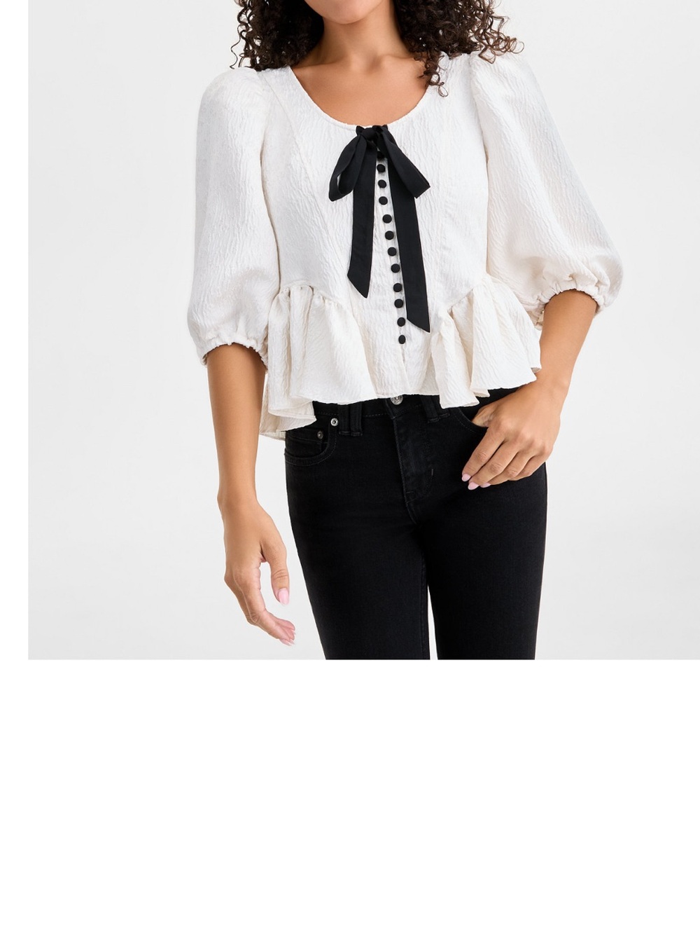Free People Cream Peplum Blouse with Black Bow Detail